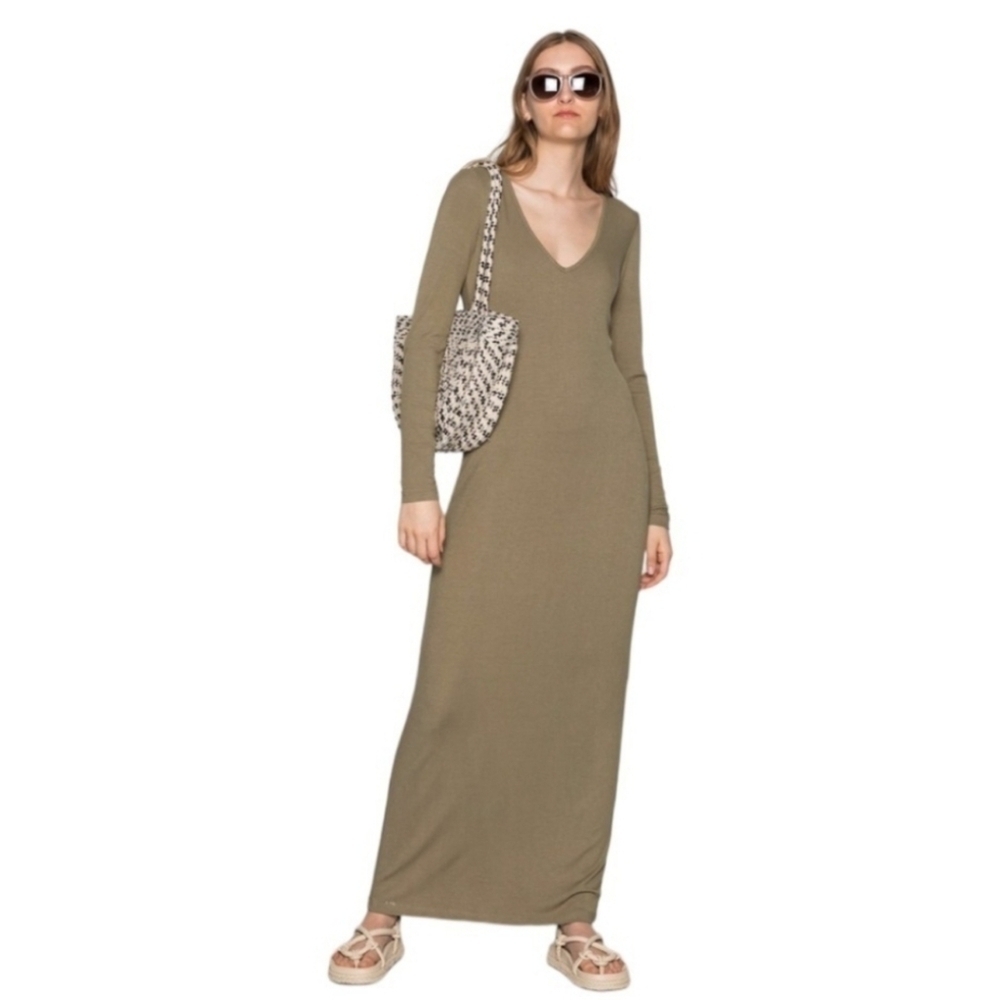 Samsoe Samsoe Patty Ribbed V Neck Maxi Dress L Covert Green Scandi
